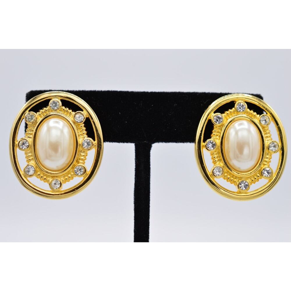 Givenchy Vintage Clip On Earrings Pearl Crystal Gold Chunky Signed 1980s BinAF